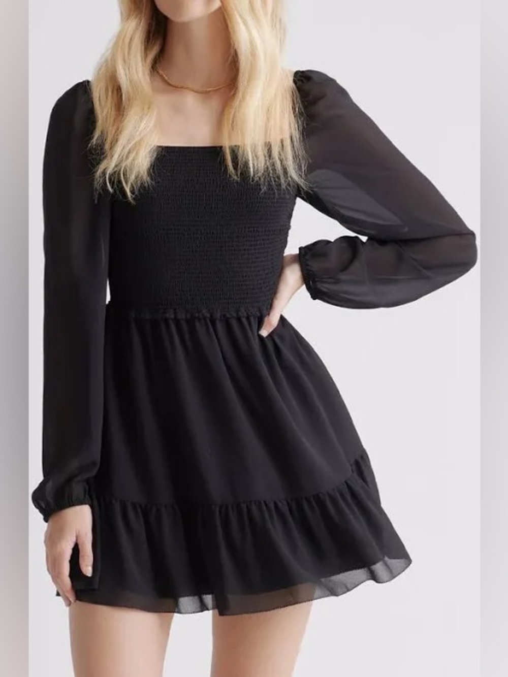 American Eagle Black Long Sleeve Smocked Bodice Mini Dress XL